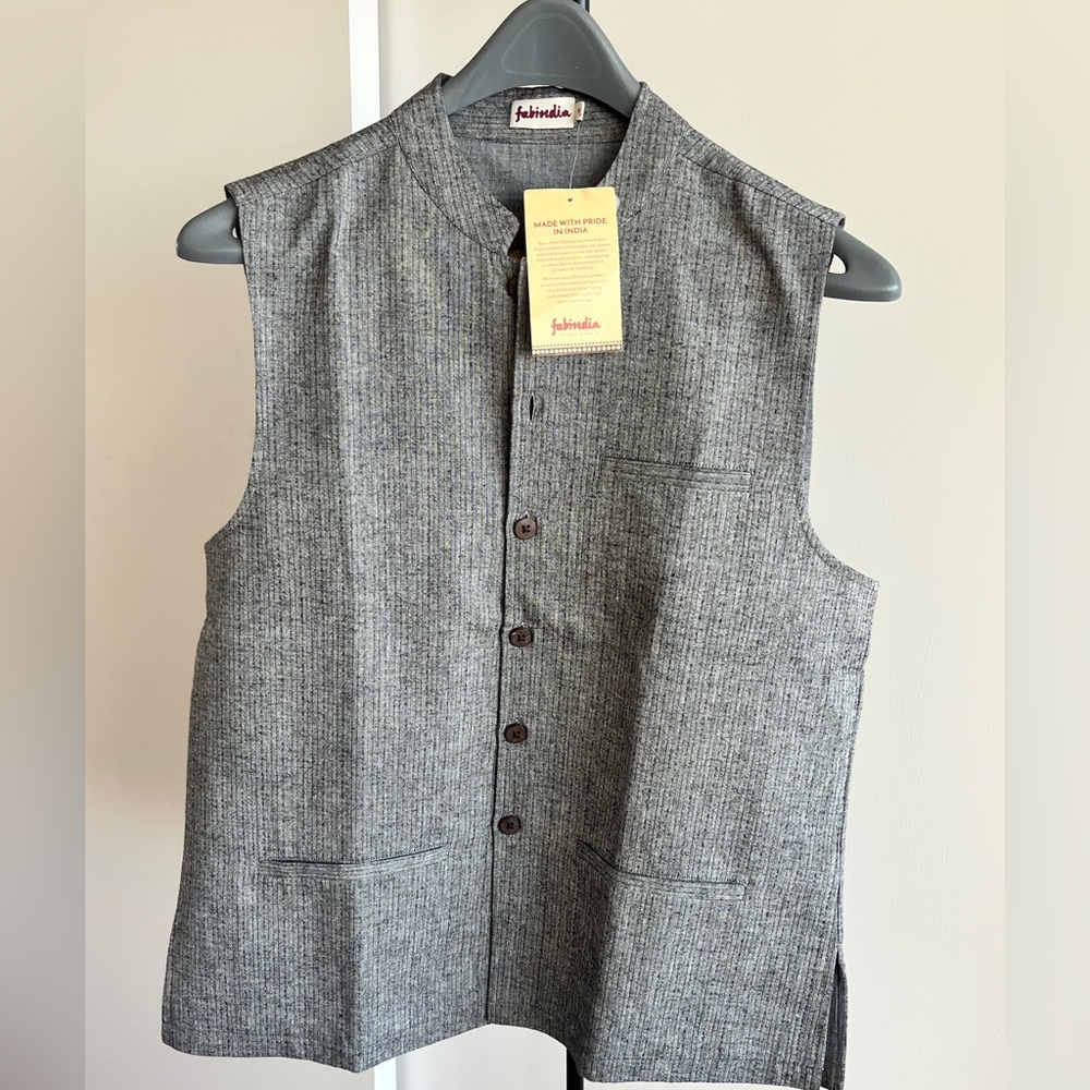 NWT Fabindia Men Sleeveless Modi Jacket Vest Nehru Collar Woven Cotton Gray Med
